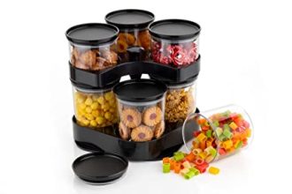 THEODORE Novel Brand Classic Jar With 360 Rotating Tray Spice Polycarbonate Plastic 600 ml, 300 Ml Airtight & Unbreakable Storage Of Spices, Pickle & Dry Fruits (7 Pieces)