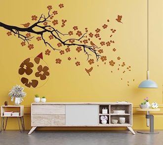 WallDesign Petal Burst Wall Sticker - Copper Flowers Nature Branch - Home Decor for Living Room, Kids, Bedroom - Metallic Painted Look